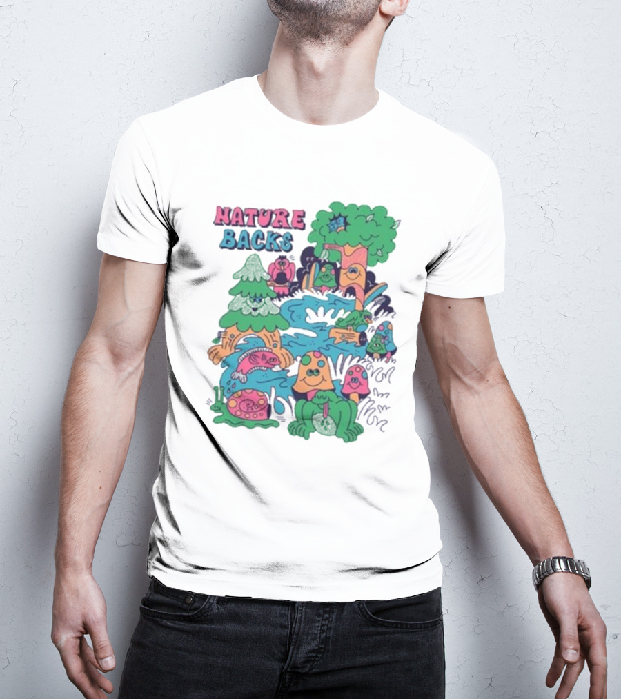 Nature Backs Funky Forest With Colorful Cartoon Animals And Trees T-Shirt