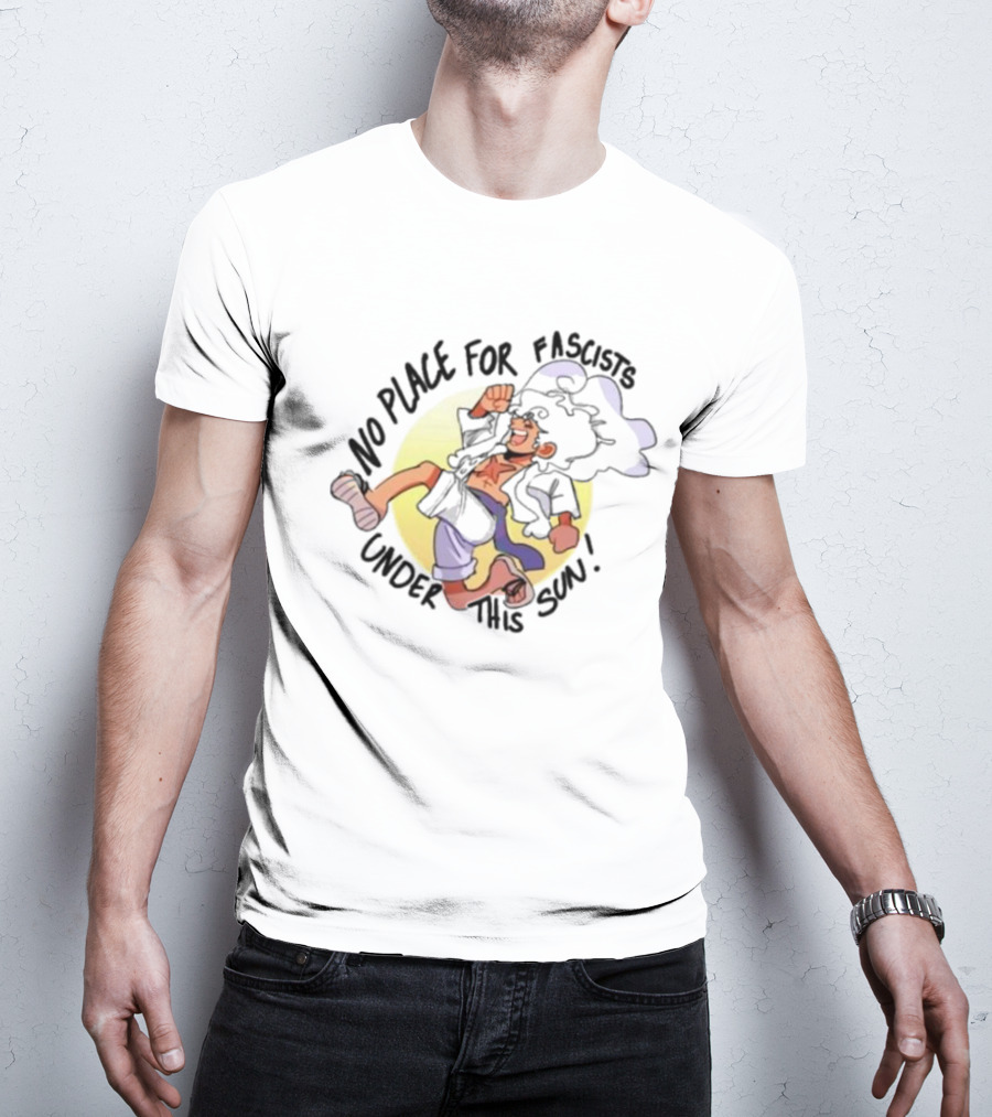 No Place For Fascists Under This Sun Energetic Character Jumping Against Yellow Circle Background T-Shirt