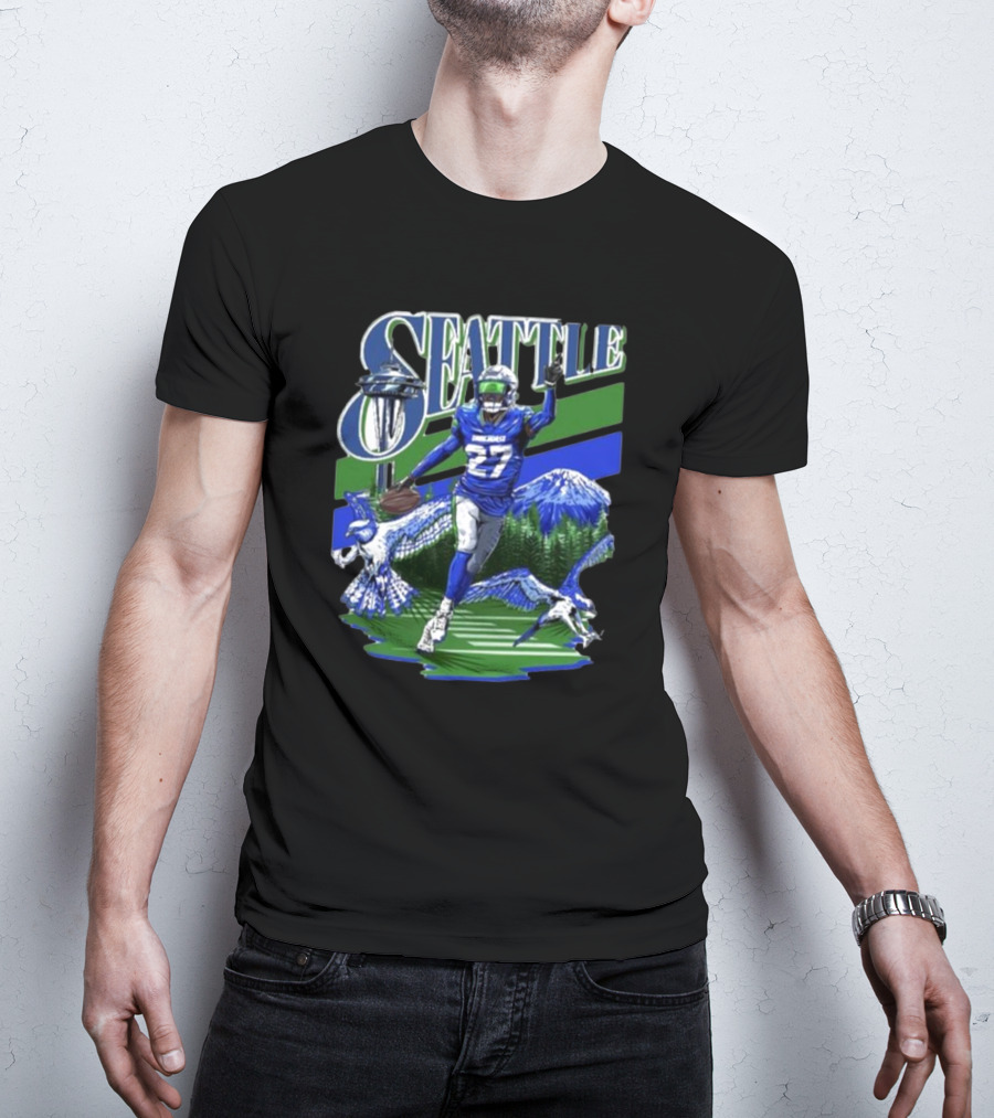 Seattle Seahawks Tariq Woolen Number 27 With Space Needle And Mountain Background T-Shirt