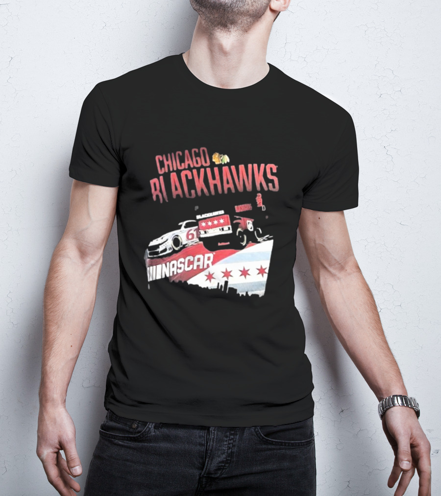 Chicago Blackhawks NASCAR Racing Car With City Skyline And Number 61 T-Shirt