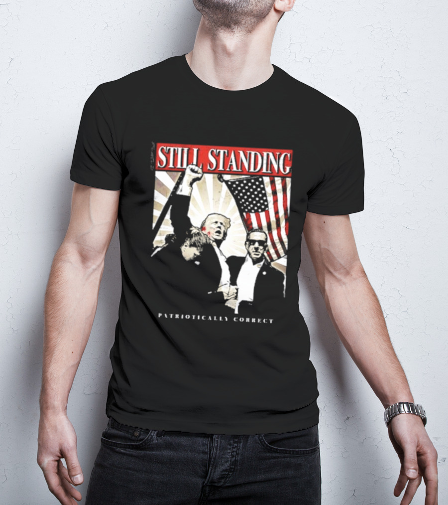 Still Standing Patriotically Correct Zeek Arkham American Flag Leadership T-Shirt