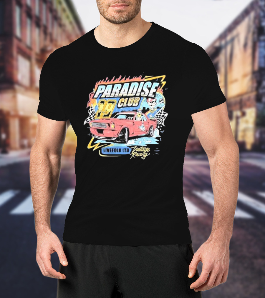 Paradise Club 19 Livefolk Ltd Vintage Racing Skeleton Racer Car Checkered Flags T-Shirt