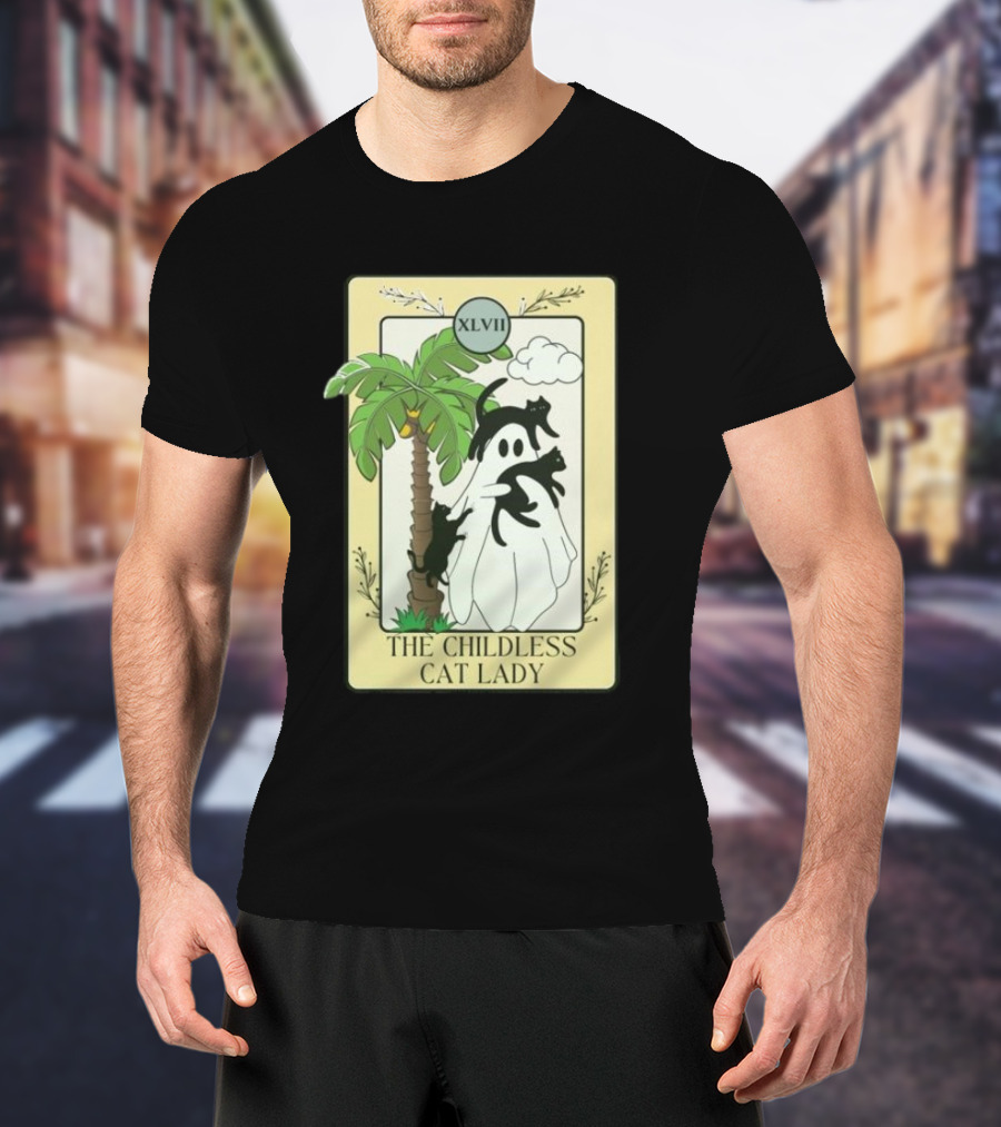 XLVII The Childless Cat Lady Ghost Black Cat Coconut Tree T-Shirt