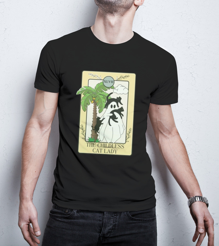 XLVII The Childless Cat Lady Ghost Black Cat Coconut Tree T-Shirt