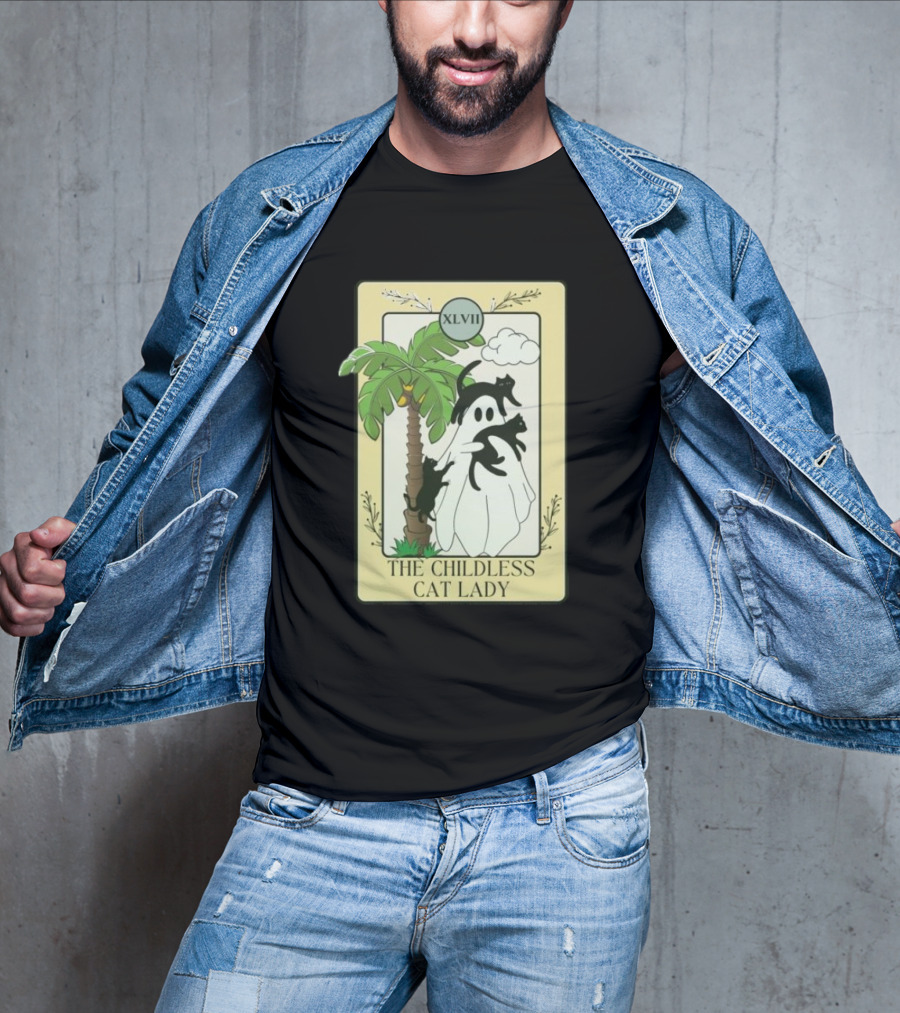 XLVII The Childless Cat Lady Ghost Black Cat Coconut Tree T-Shirt