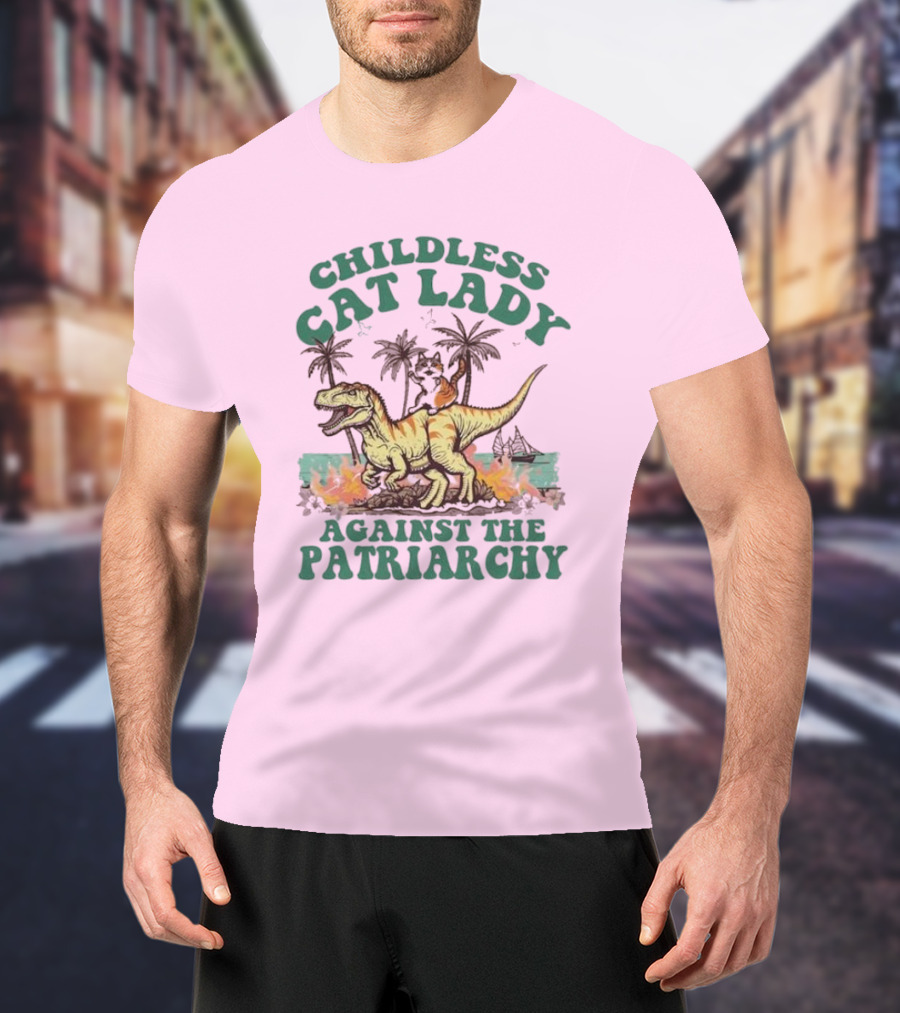 Childless Cat Lady Riding Dinosaur Against The Patriarchy With Flaming Coconut Trees T-Shirt