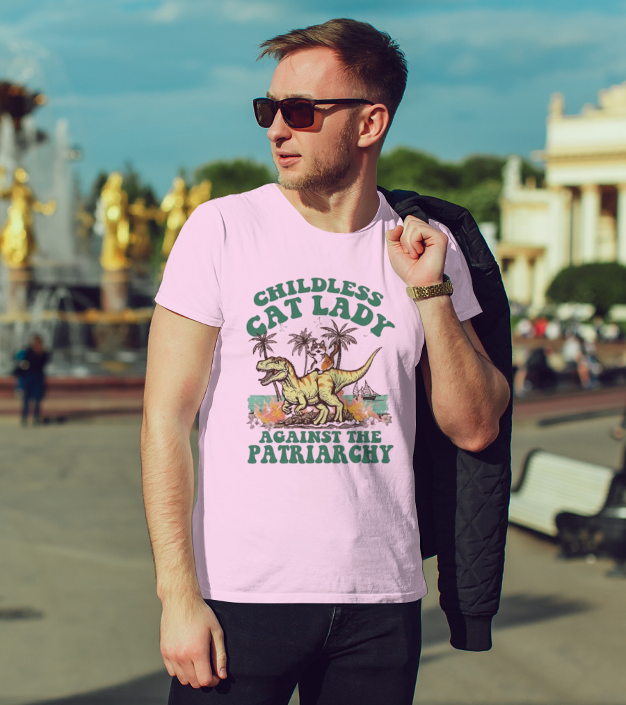 Childless Cat Lady Riding Dinosaur Against The Patriarchy With Flaming Coconut Trees T-Shirt