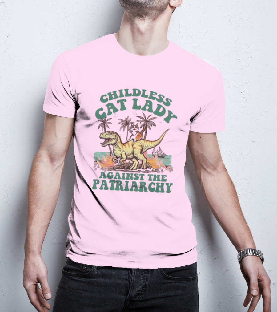 Childless Cat Lady Riding Dinosaur Against The Patriarchy With Flaming Coconut Trees T-Shirt