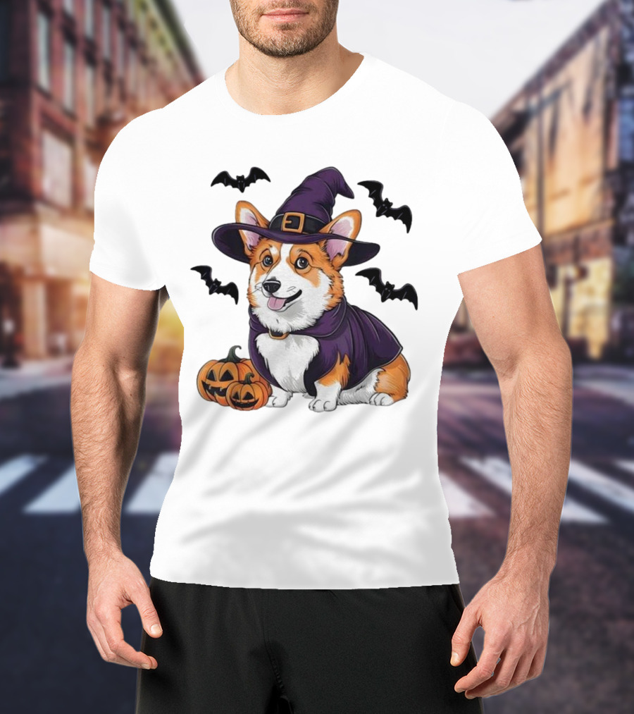 Halloween Corgi In Witch Hat With Pumpkins And Bats T-Shirt