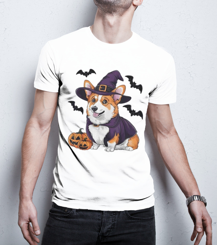 Halloween Corgi In Witch Hat With Pumpkins And Bats T-Shirt