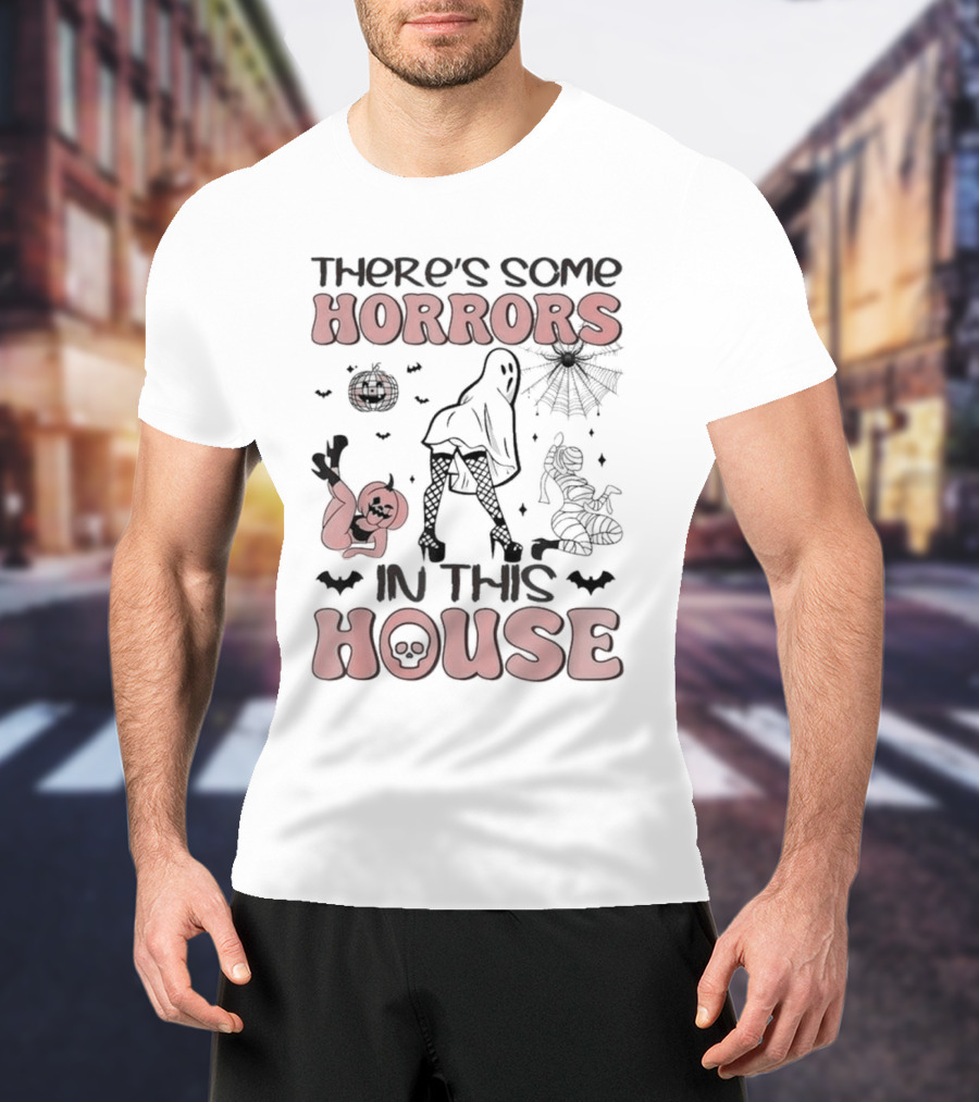 There's Some Horrors In This House Funny Ghost Halloween With Dancing Ghosts, Bat, Spider, And Pumpkin T-Shirt