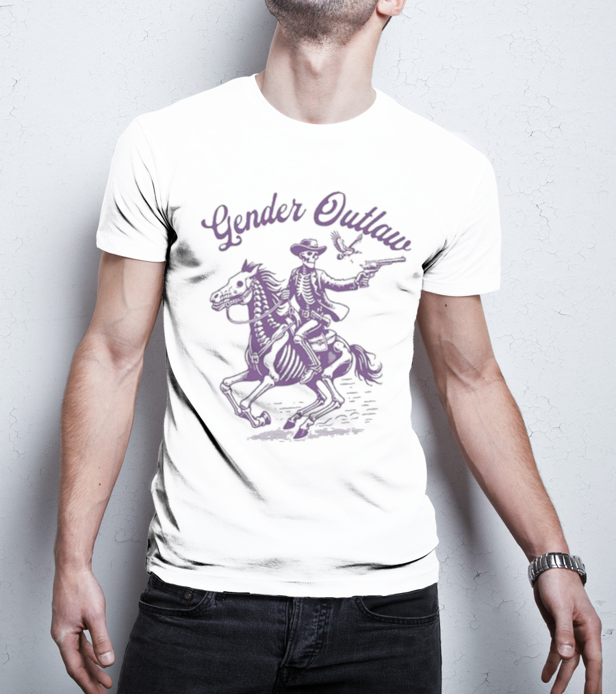 Veda Scott Gender Outlaw Skeleton Cowboy Horse Rider With Bird T-Shirt