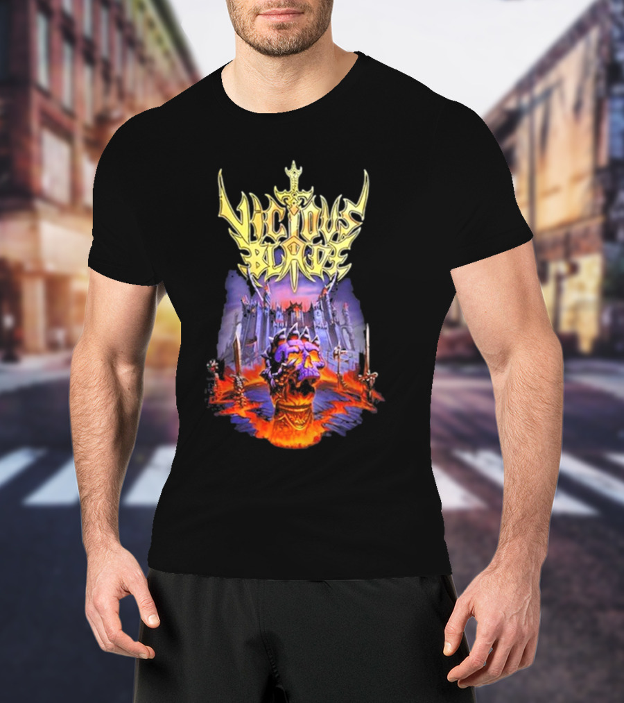 Vicious Blade Skull Fortress With Flaming Swords T-Shirt