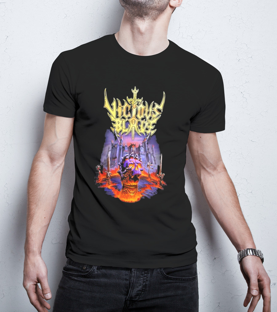 Vicious Blade Skull Fortress With Flaming Swords T-Shirt