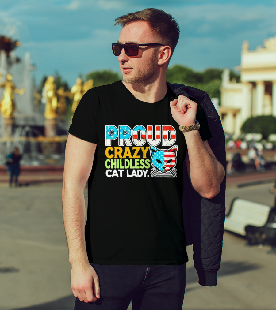 Proud Crazy Childless Cat Lady American Flag Cat Head T-Shirt