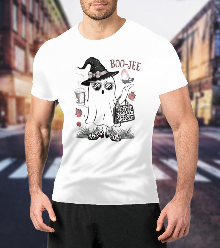 Boo Jee Leopard Ghost Fall Vibes With Witch Hat And Coffee Cup T-Shirt