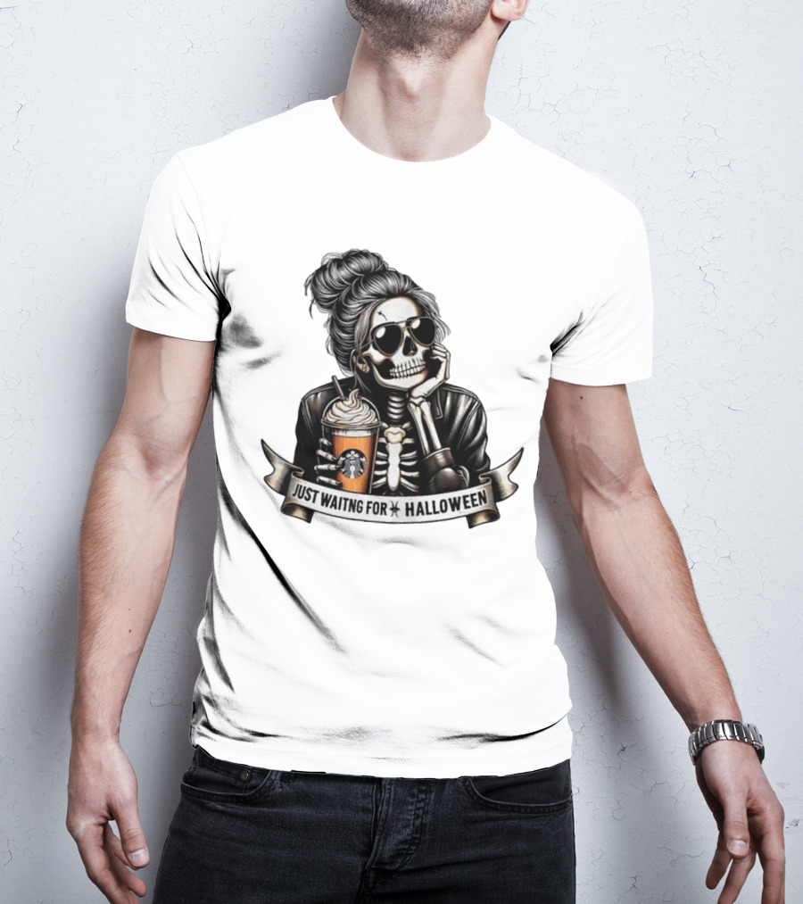 Just Waiting For Halloween Skeleton With Coffee Cup Spooky Season T-Shirt