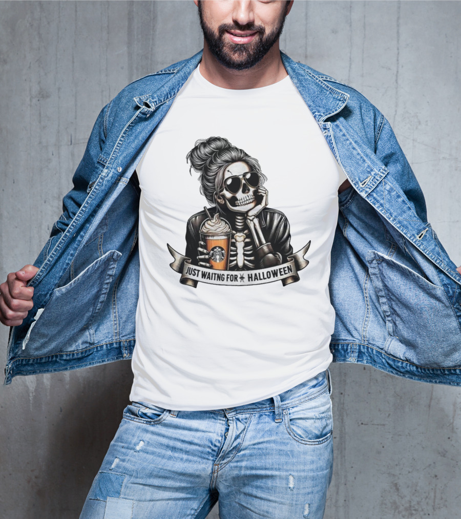 Just Waiting For Halloween Skeleton With Coffee Cup Spooky Season T-Shirt
