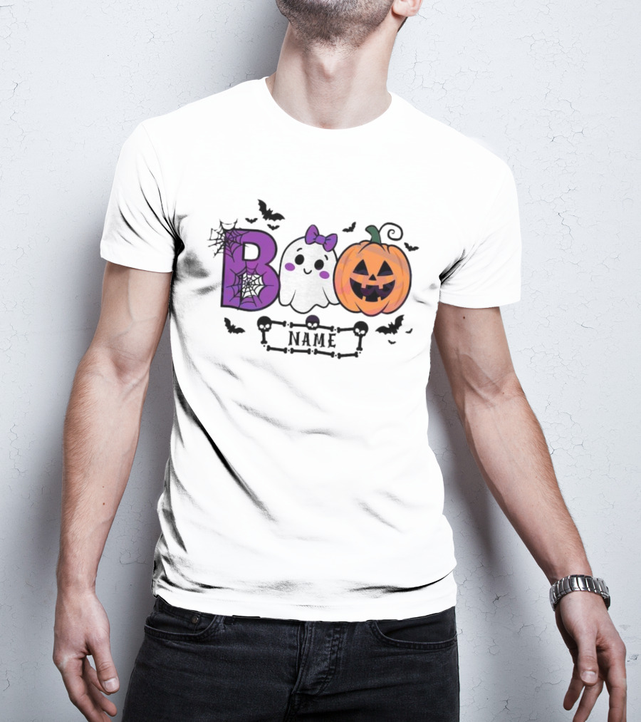 Boo Name Ghost Pumpkin Halloween Spiders Bats T-Shirt
