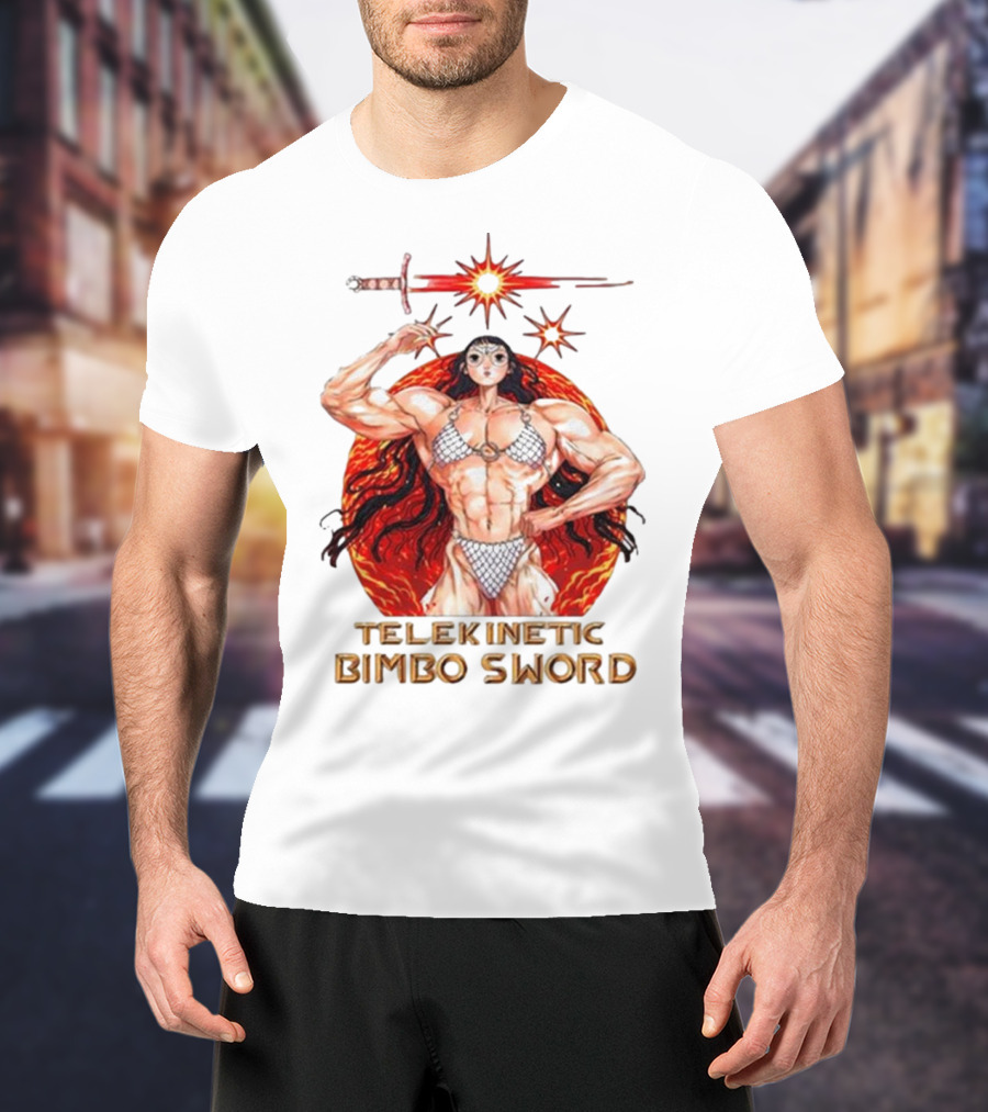 Rebecca Kirby Telekinetic Bimbo Sword Warrior With Fiery Background T-Shirt