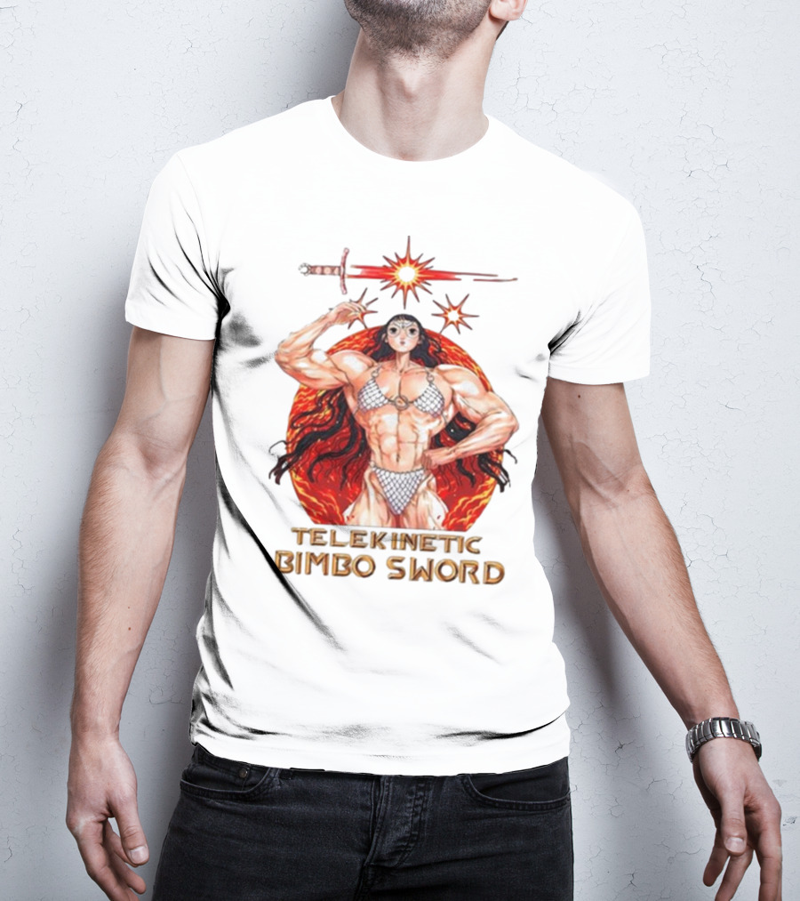 Rebecca Kirby Telekinetic Bimbo Sword Warrior With Fiery Background T-Shirt
