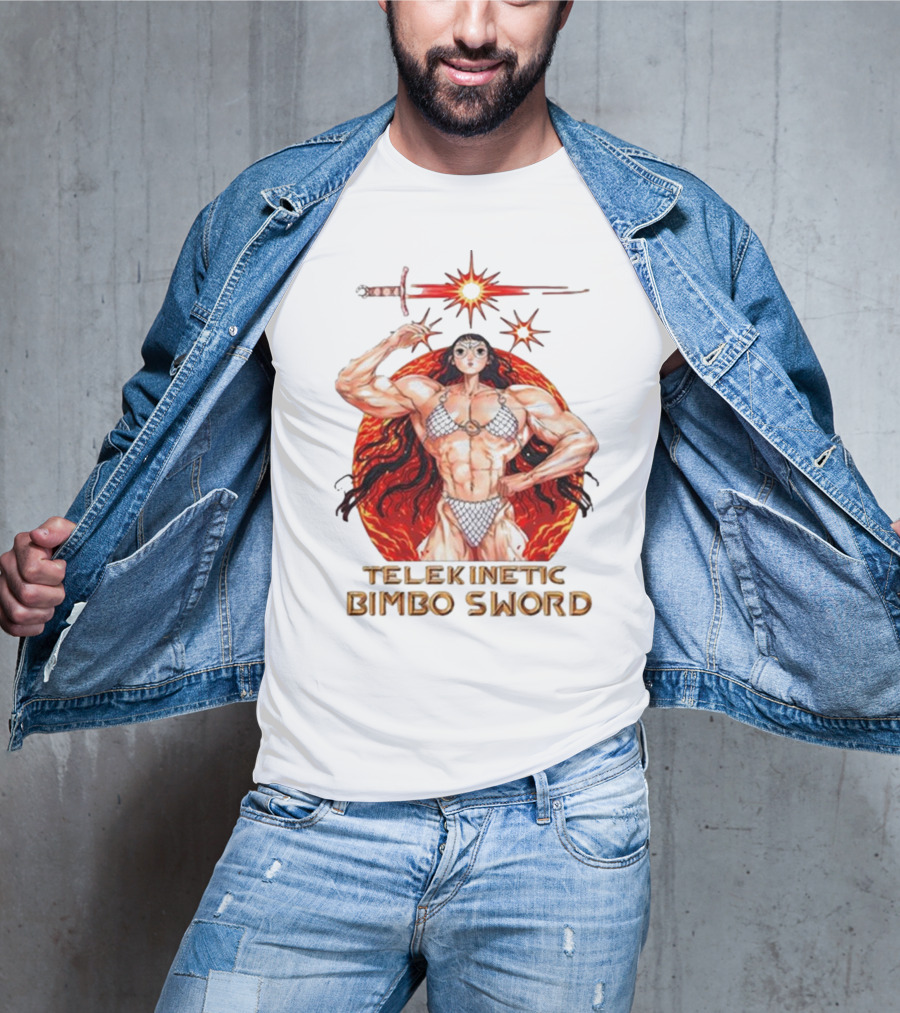 Rebecca Kirby Telekinetic Bimbo Sword Warrior With Fiery Background T-Shirt