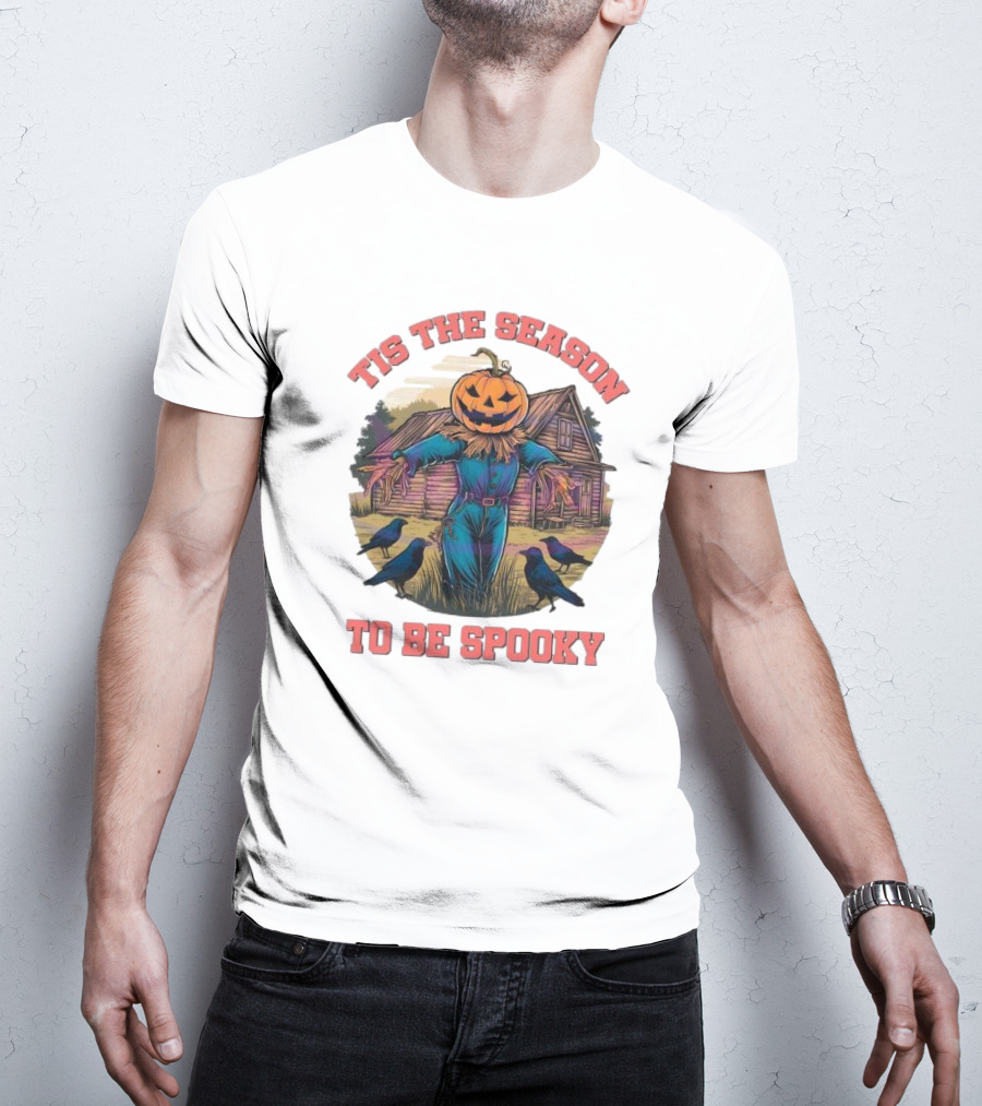 Tis The Season To Be Spooky Pumpkin Head Scarecrow With Crows In Front Of Haunted House T-Shirt