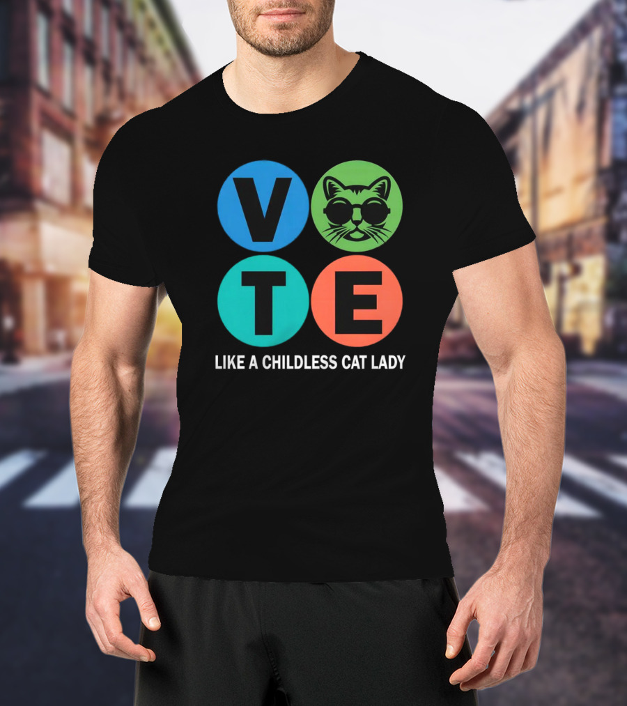 Vote Like A Childless Cat Lady Retro Circle Cat Face T-Shirt