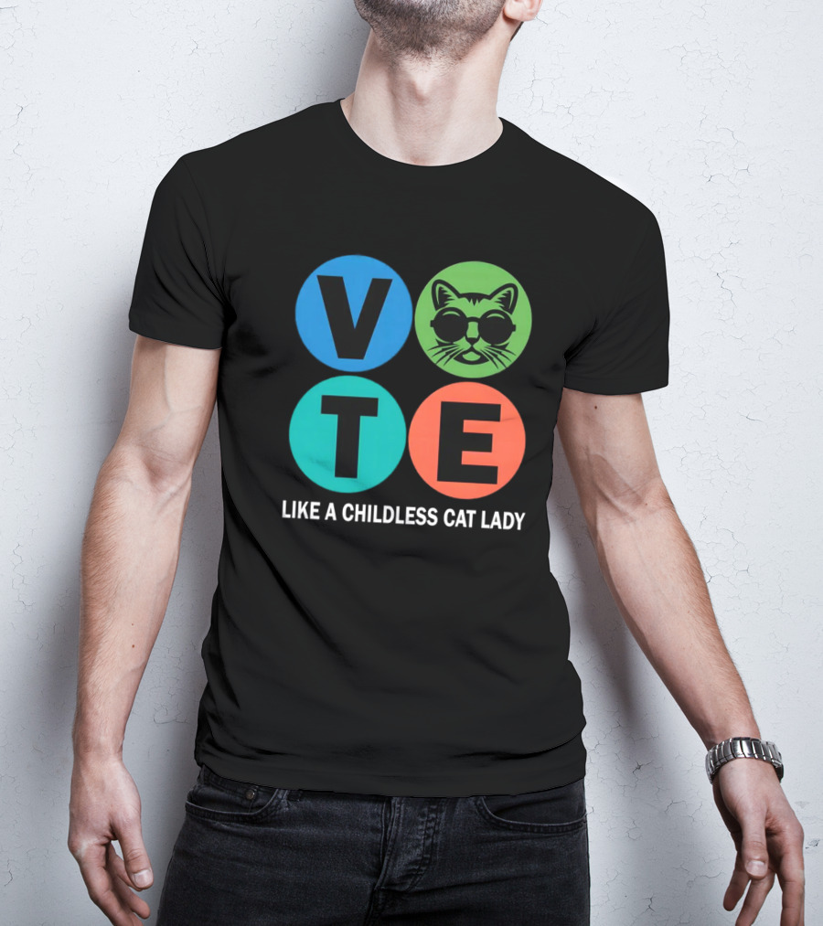 Vote Like A Childless Cat Lady Retro Circle Cat Face T-Shirt