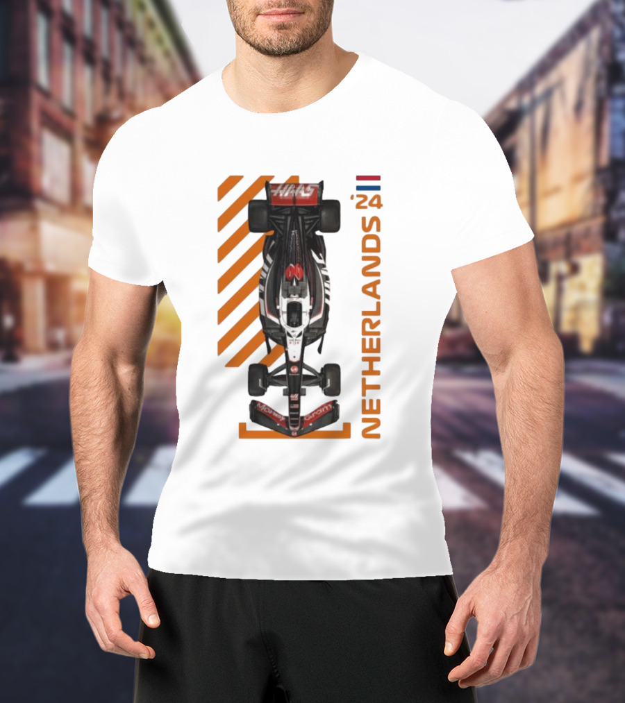 Haas F1 Racing Car Netherlands 24 Orange Stripes Racing Formula 1 T-Shirt