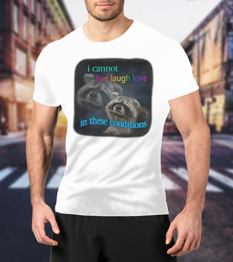 I Cannot Live Laugh Love In These Conditions Raccoon Duo Reality Check T-Shirt