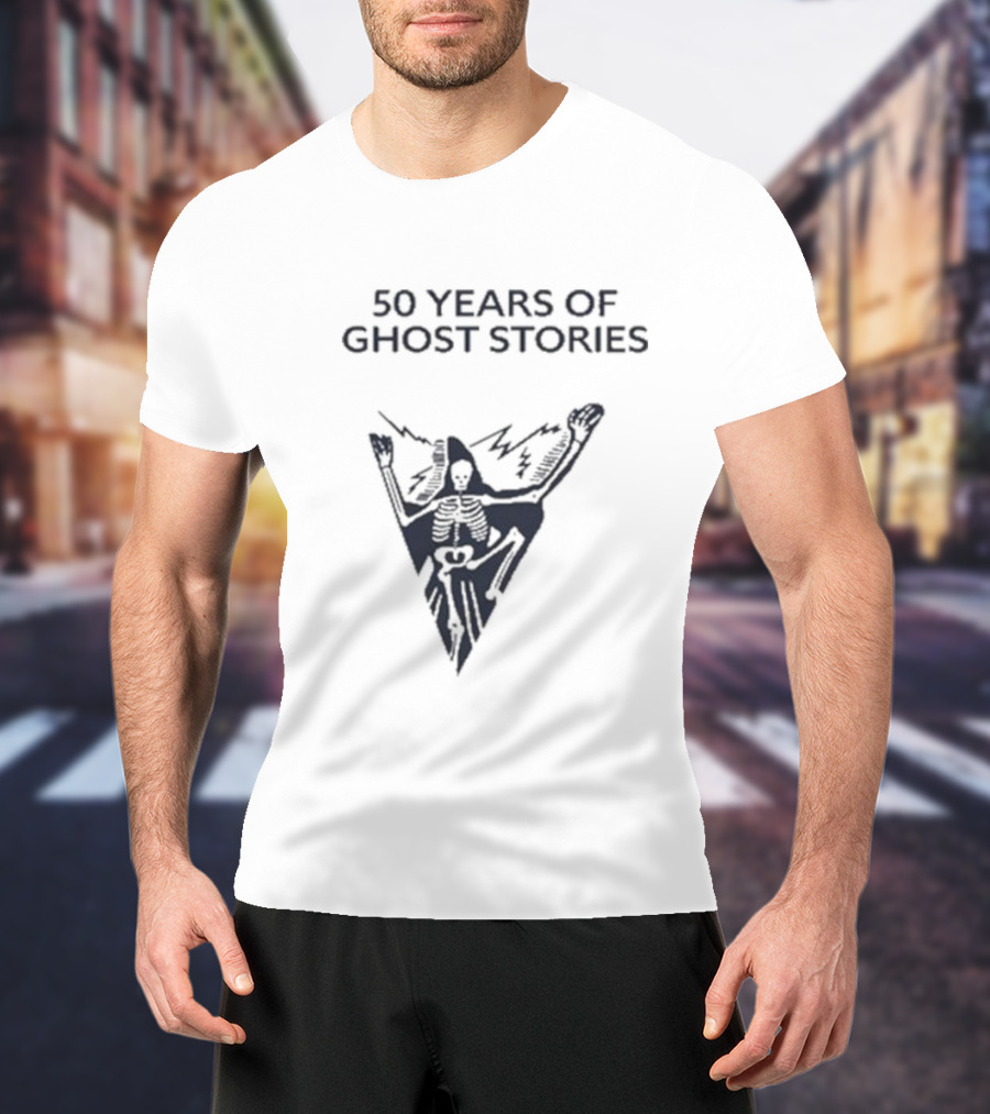 50 Years Of Ghost Stories Skeleton Holding Lightning T-Shirt