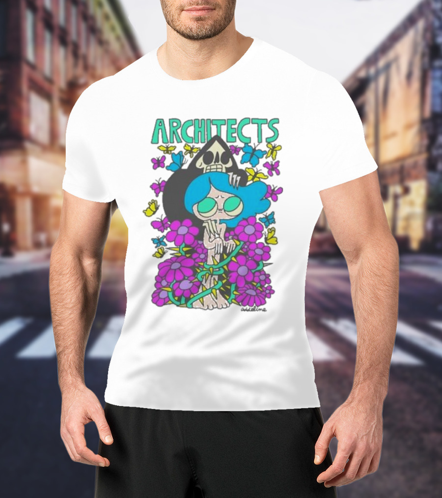 ARCHITECTS Butterfly Skull Skeleton Flowers Blue Hair T-Shirt