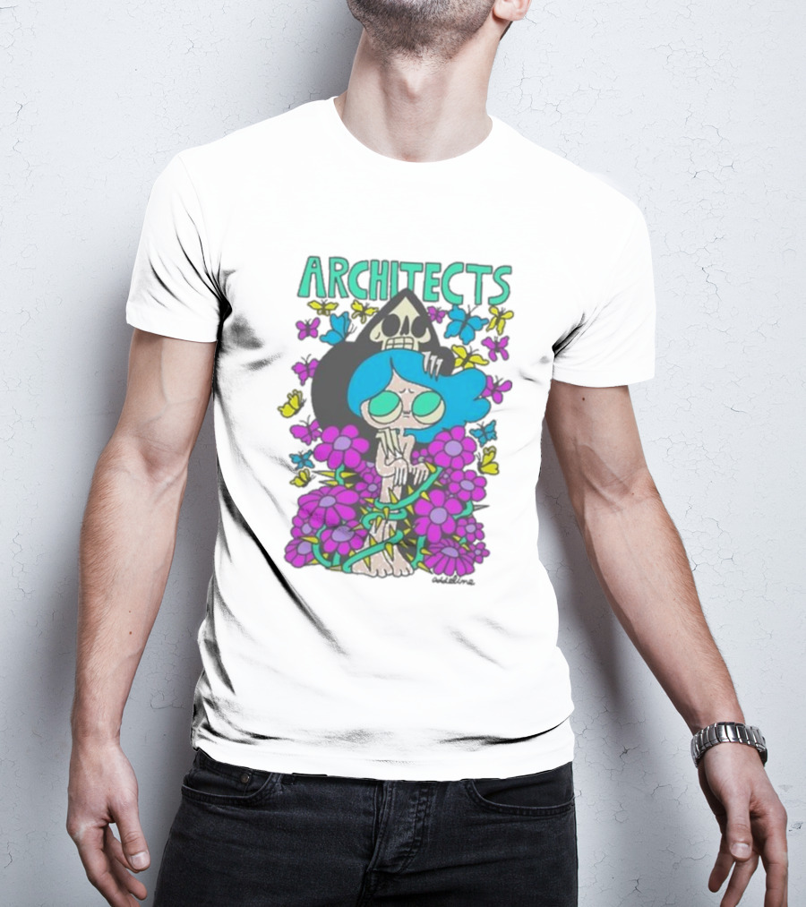 ARCHITECTS Butterfly Skull Skeleton Flowers Blue Hair T-Shirt