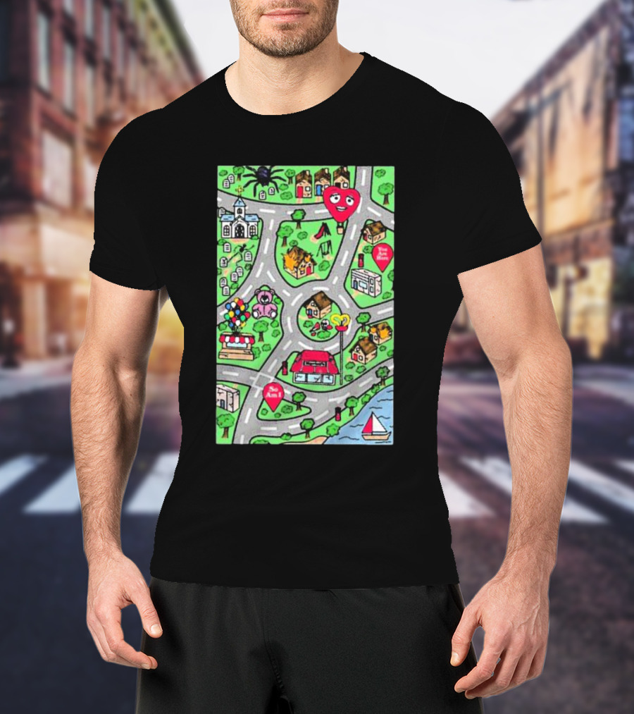 Are We There Yet Cute Cartoon Map With Smiling Landmarks And Colorful Scenery T-Shirt