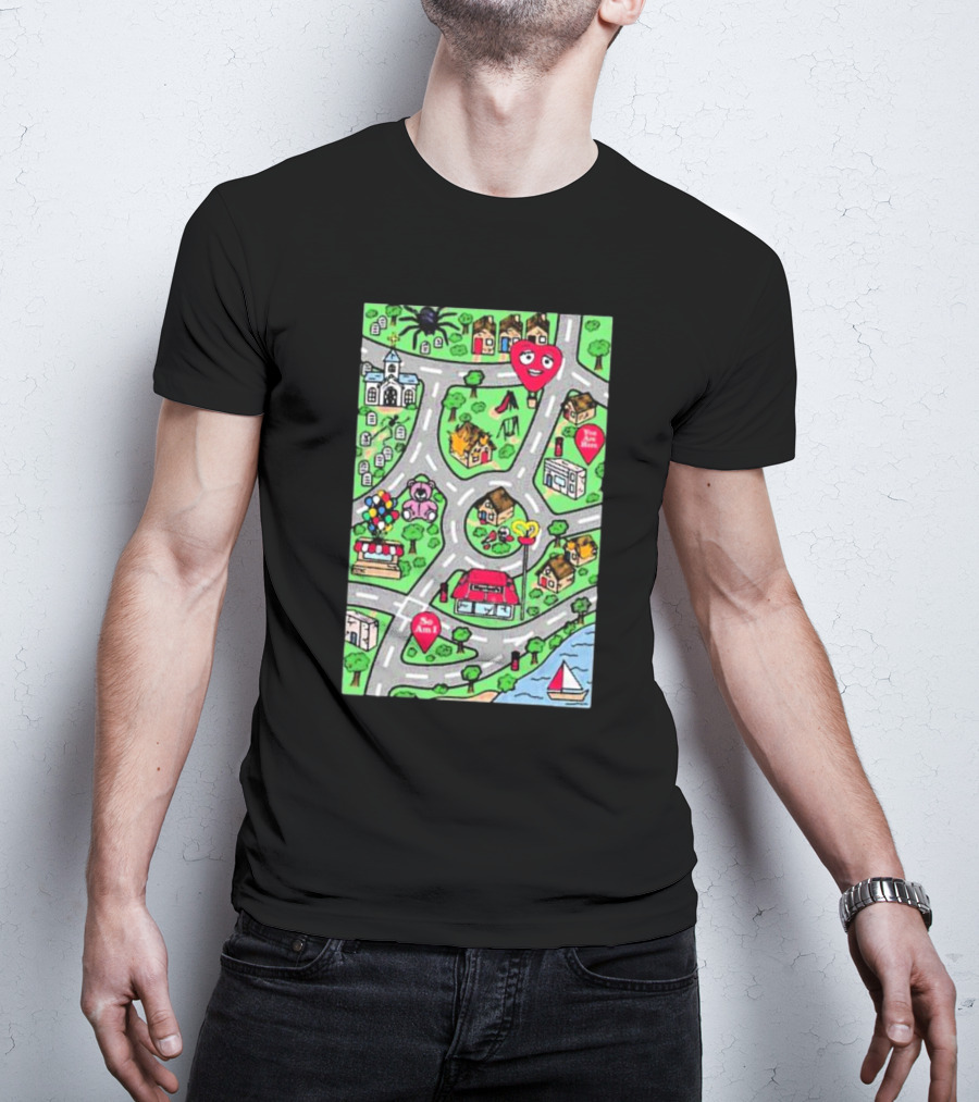 Are We There Yet Cute Cartoon Map With Smiling Landmarks And Colorful Scenery T-Shirt