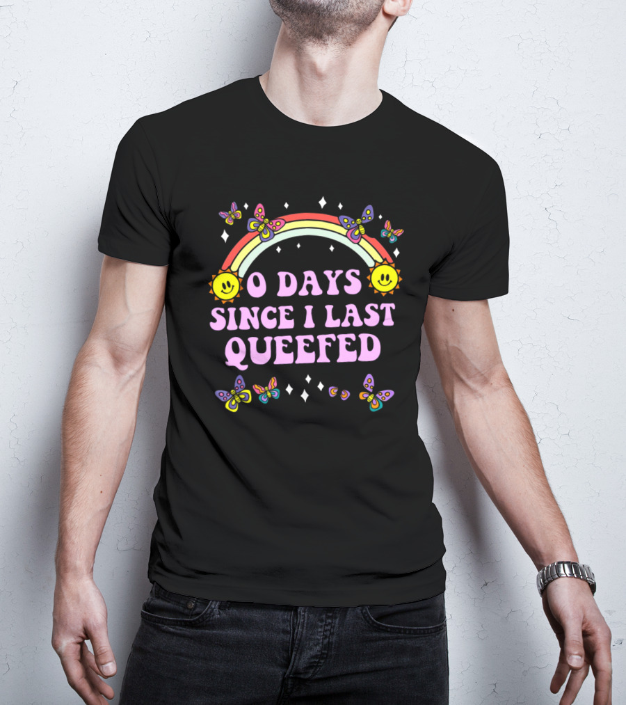 Sam Ramsdell Wearing O Days Since I Last Queefed Rainbow Butterflies Sun Smiley Faces Diamonds T-Shirt