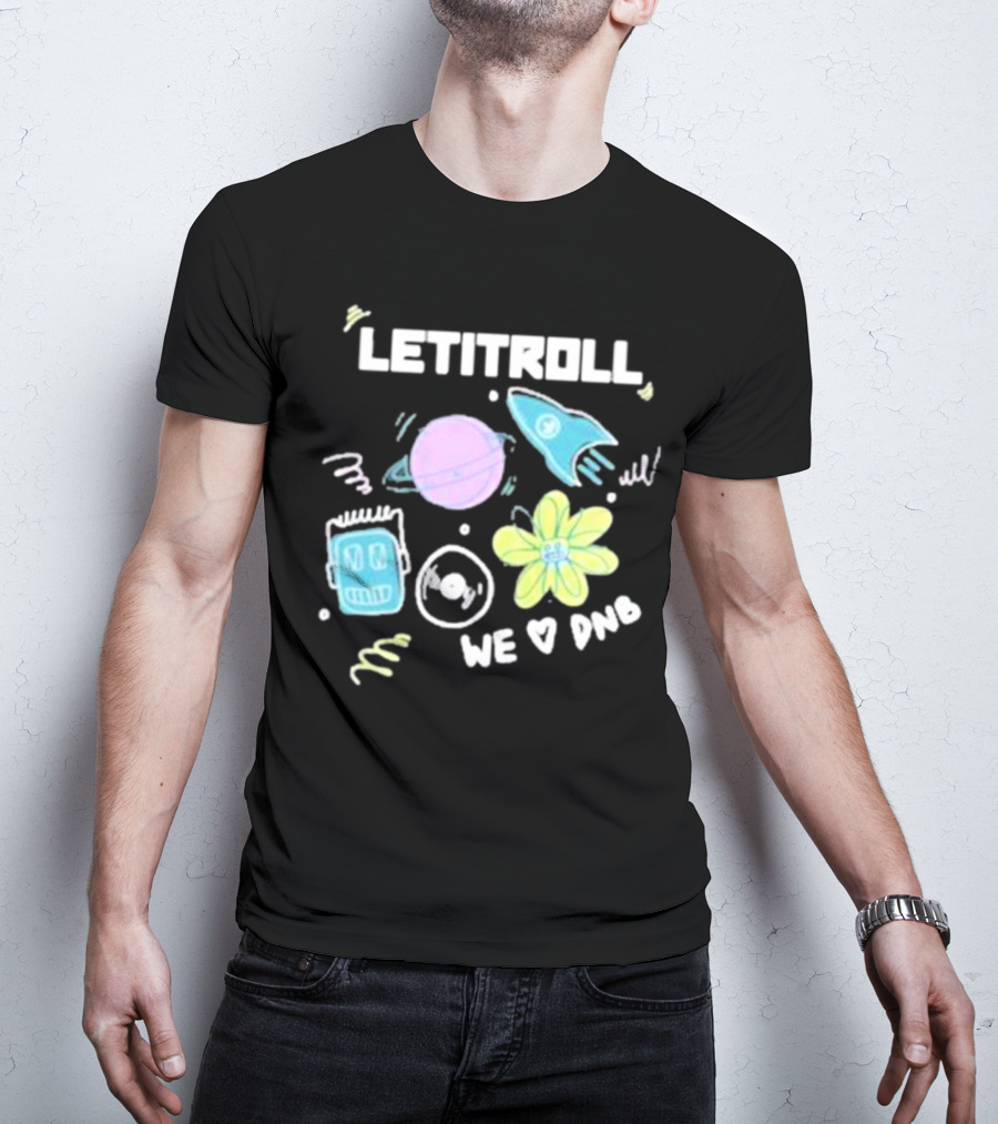 LETITROLL We Love DNB Planet Rocket Robot Flower T-Shirt