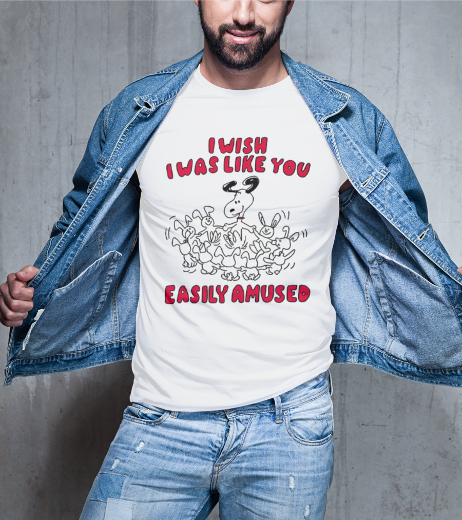 I Wish I Was Like You Easily Amused Black And Red Cartoon Character Surrounded By Dancing Bunnies T-Shirt