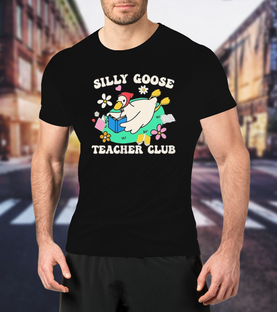 Silly Goose Teacher Club Reading Duck With Flowers And Open Books T-Shirt