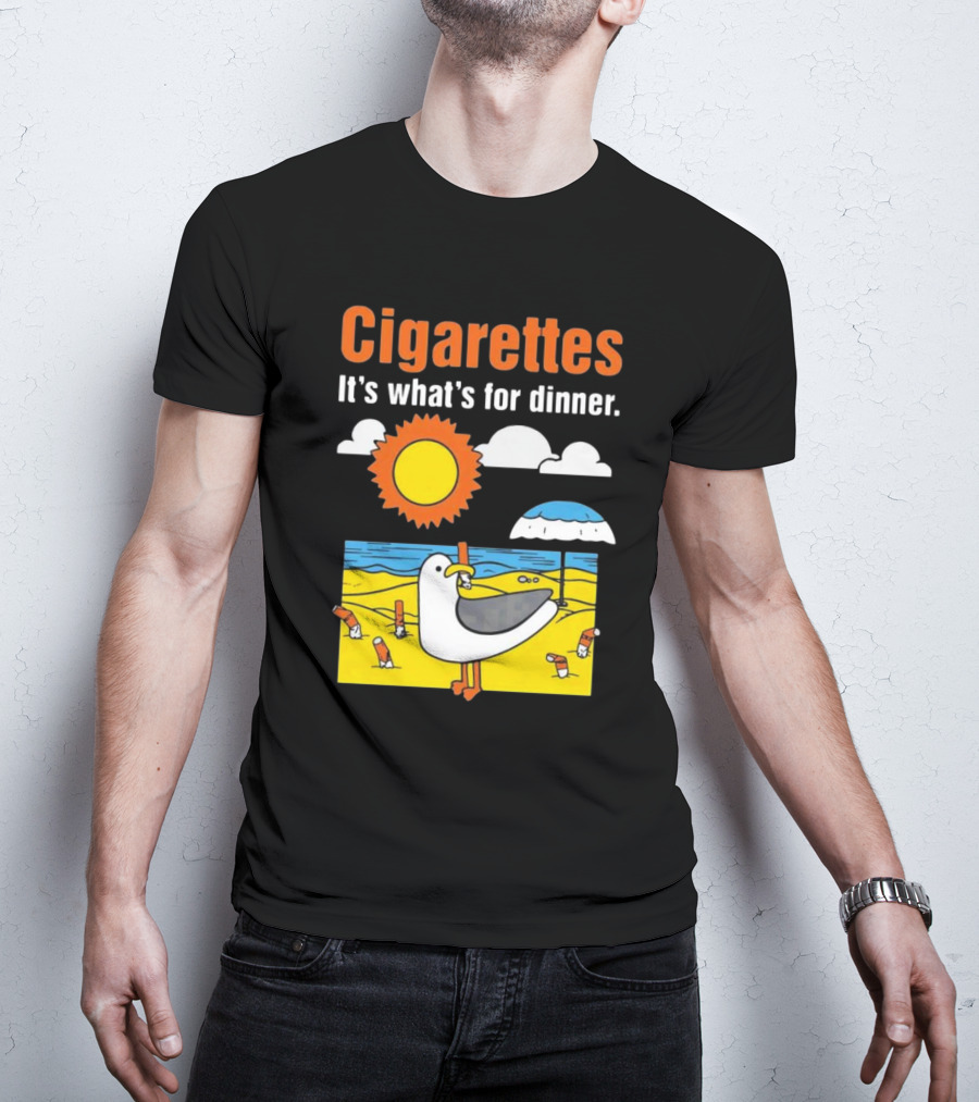 Cigarettes It's What's For Dinner Beach Seagull Cartoon With Sun And Umbrella T-Shirt