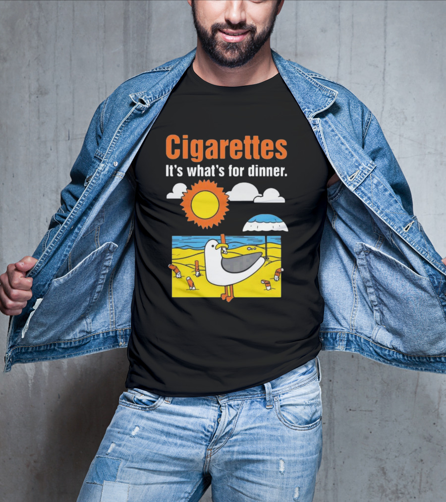 Cigarettes It's What's For Dinner Beach Seagull Cartoon With Sun And Umbrella T-Shirt