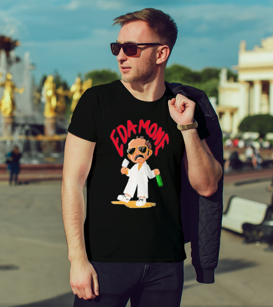 Eda Mone Rangan Chettan Cartoon Character In White Suit With Sunglasses Holding Cleaver And Bottle T-Shirt