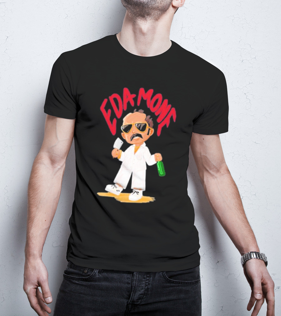 Eda Mone Rangan Chettan Cartoon Character In White Suit With Sunglasses Holding Cleaver And Bottle T-Shirt