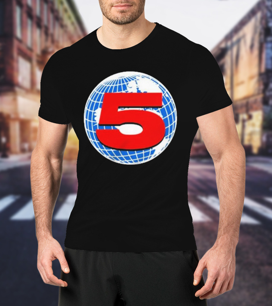 Red Number 5 On Blue And White Globe Background T-Shirt