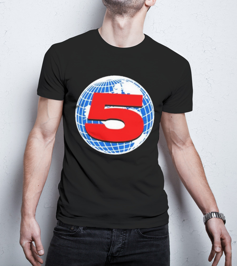 Red Number 5 On Blue And White Globe Background T-Shirt