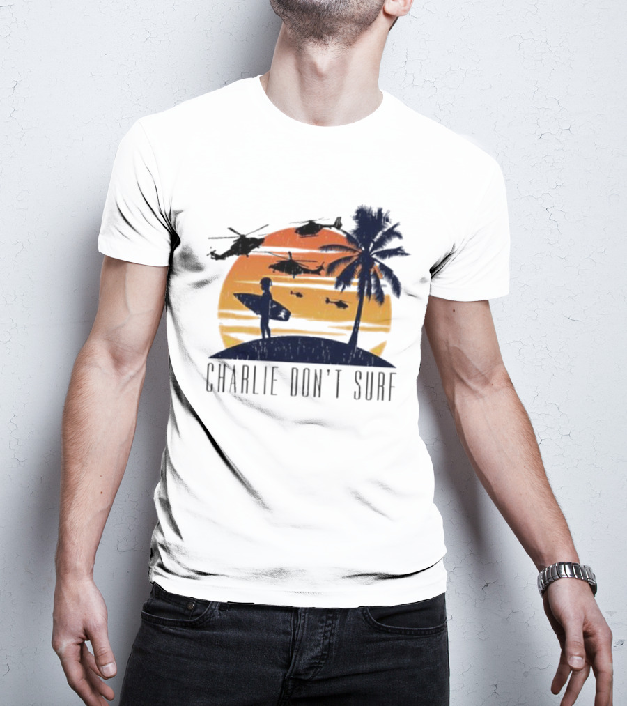 Charlie Don’t Surf Helicopters Palm Sunset Surfer T-Shirt