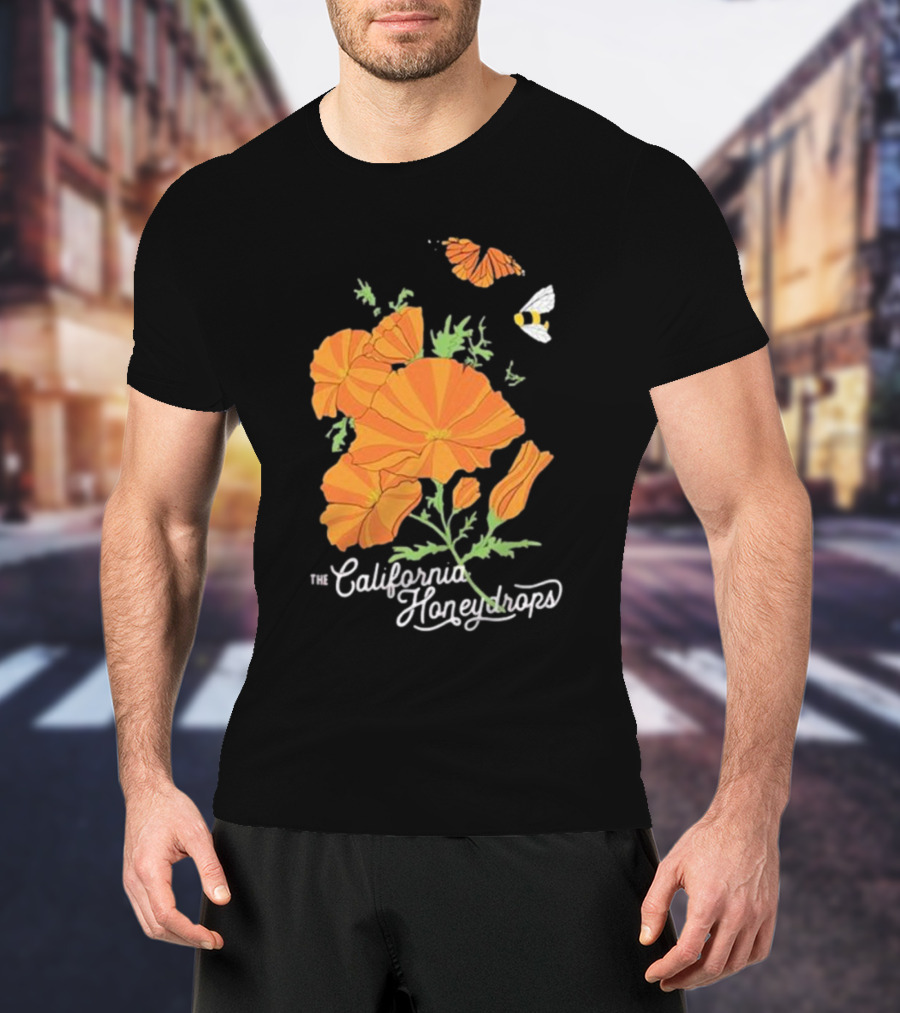 The California Honeydrops Orange Poppies Meadow With Butterfly And Bee T-Shirt