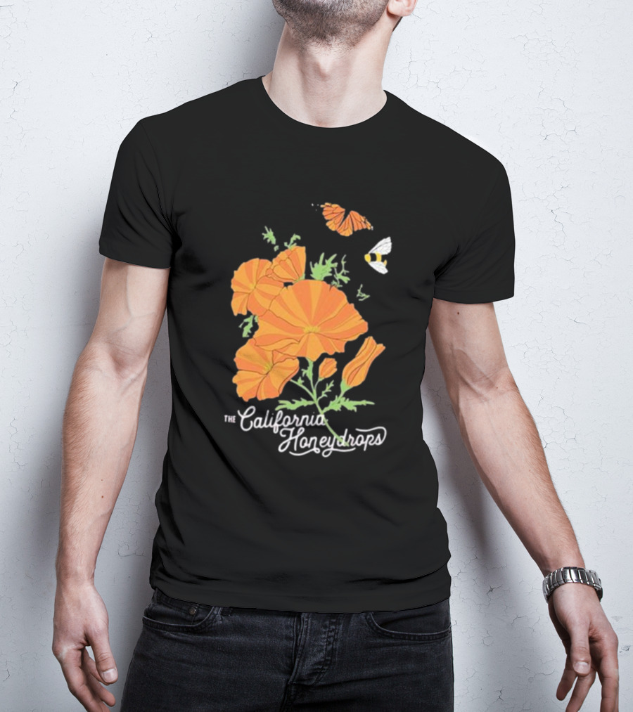 The California Honeydrops Orange Poppies Meadow With Butterfly And Bee T-Shirt