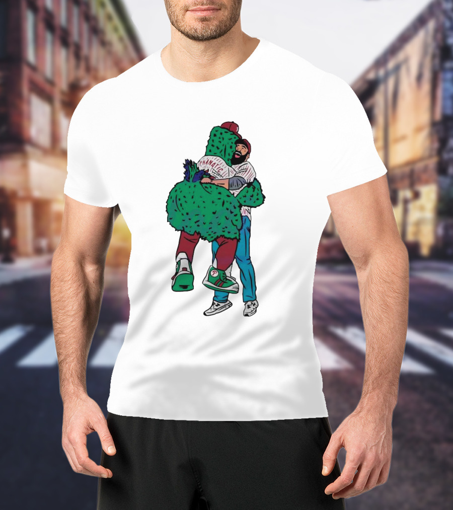 Phanatic Phillies Mascot Embrace With Baseball Player T-Shirt
